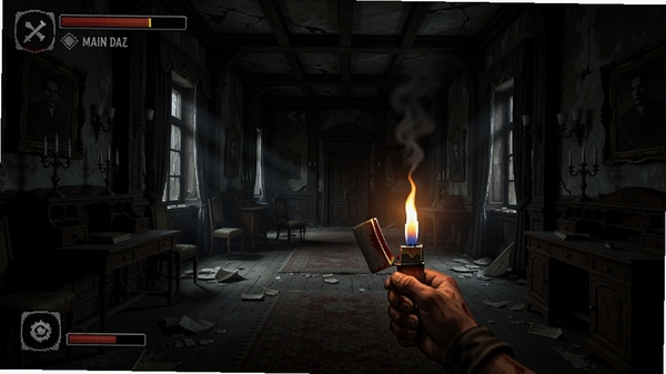 lockeds-fear main hall dark atmosphere, player holding lighter, old mansion interior, horror game screenshot