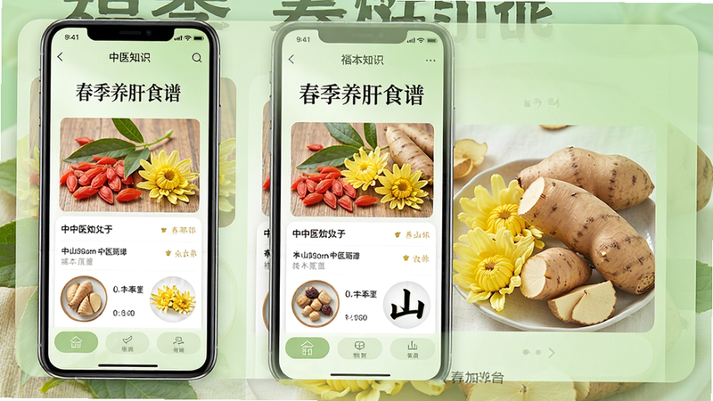 福本源App内页展示中医知识列表,标题为“春季养肝食谱”,配图有枸杞、菊花、山药等食材,背景为淡绿色渐变,画面干净舒适。