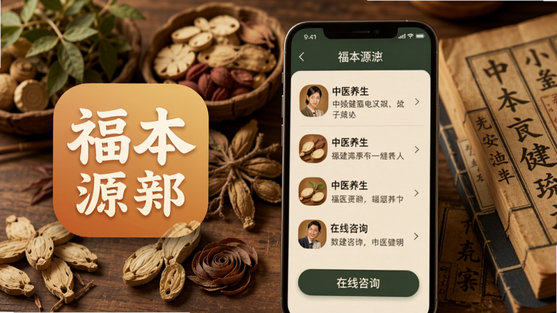 画面左侧展示福本源App图标及手机界面,界面包含中医养生知识列表、在线咨询按钮;背景为柔和的中药药材与中医典籍元素,整体色调温暖古雅,突出中医文化与健康管理主题。