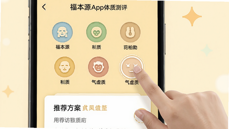 福本源App体质测评界面,显示九种体质图标,用户正在点击“气虚质”,下方出现推荐方案卡片,背景为浅黄色暖色调,风格简约。