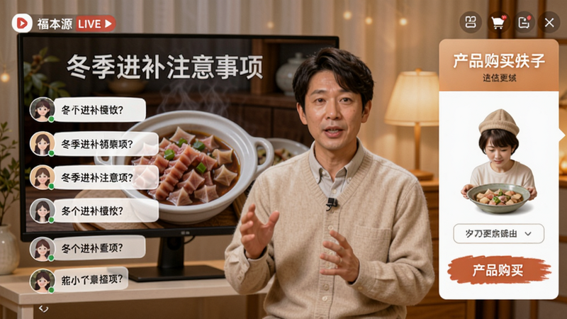 福本源直播界面,主播正在讲解“冬季进补注意事项”,屏幕上飘过观众提问,右侧有产品购买链接,画面色彩温馨。