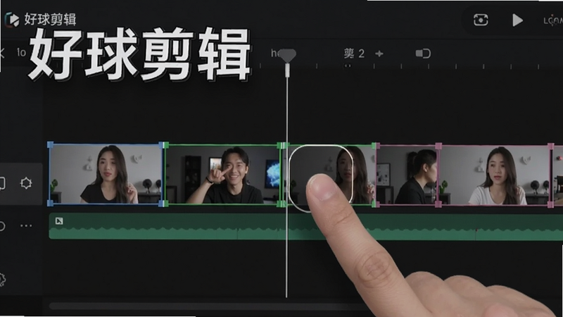 好球剪辑裁剪拼接功能演示,时间轴上显示多个视频片段被标记切割,手指滑动操作,背景为深色编辑界面,突出软件名称“好球剪辑”