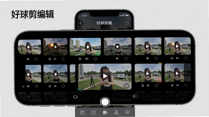 好球剪辑滤镜特效界面,手机屏幕上展示多种滤镜缩略图,点击后视频画面实时变化,背景为浅灰色,突出软件名称“好球剪辑”