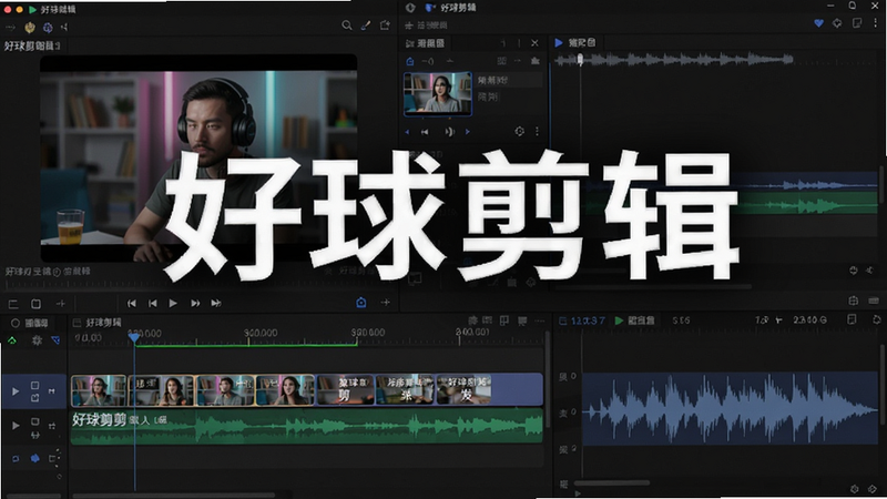 好球剪辑字幕编辑界面,视频下方显示字幕轨道,同时有配音波形图,背景为编辑工作区,突出软件名称“好球剪辑”