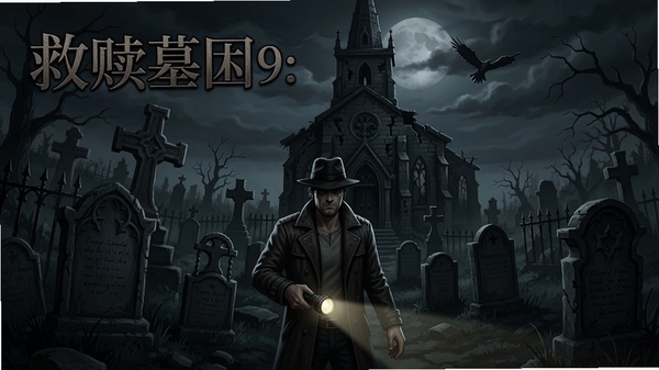 救赎墓园9:惊悚夜 游戏主界面 昏暗墓园 主角手持手电筒 背景是破旧教堂 哥特风格 截图
