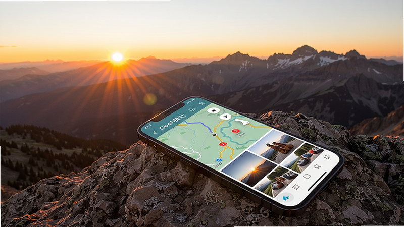 A stunning mountain sunrise with a smartphone lying on a rock, screen showing the Gooh旅记 app with a map and photos, warm golden light, realistic photography style, high detail, 4K