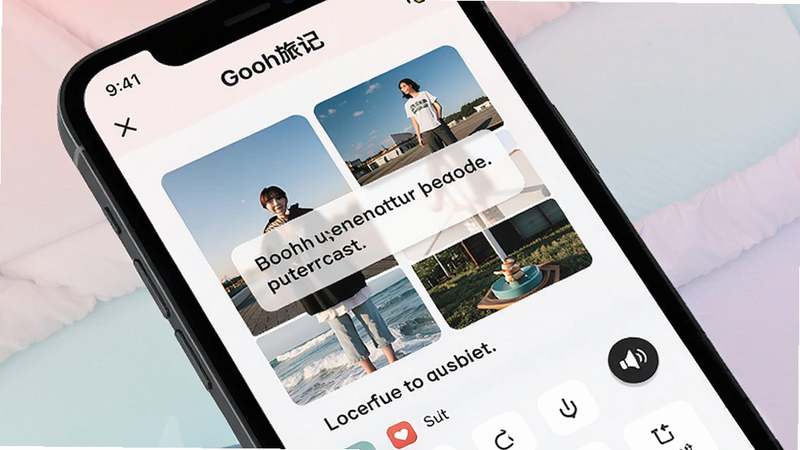 Close-up of a smartphone screen displaying the Gooh旅记 editor with a photo collage, text boxes, and a voice note icon, pastel background, clean layout, high contrast