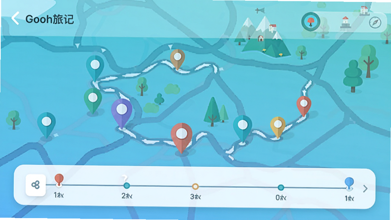 Gooh旅记 app interface showing a dynamic route map with colorful pins and a timeline on the bottom, clean UI, modern flat design, soft shadows, bright color palette