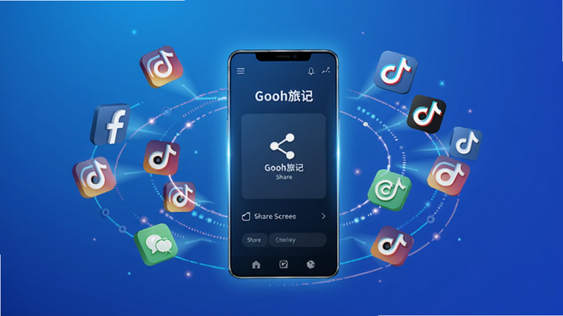 Illustration of multiple social media icons floating around a glowing smartphone showing Gooh旅记 share screen, connection lines, modern tech style, blue gradient background
