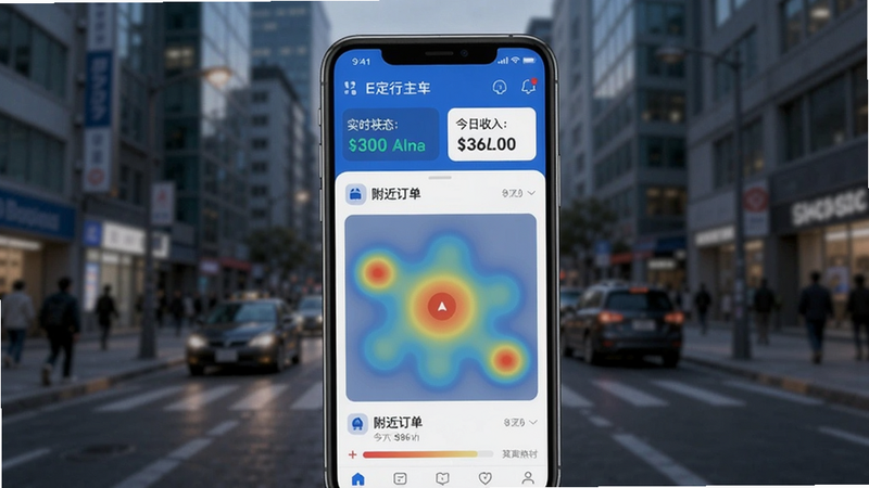 E定行车主主界面预览图,画面居中展示手机屏幕内的APP首页,背景为模糊的城市街景,顶部显示实时接单状态和今日收入,下方清晰列出附近的订单热力图,整体色调以蓝色和白色为主,风格简约现代,适合Boogu模型生成