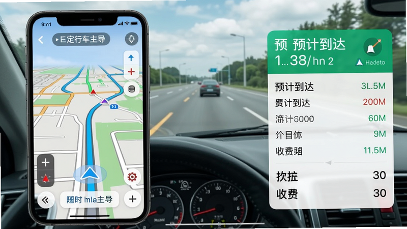 E定行车主导航界面截图,手机屏幕左侧显示实时路况地图,右侧浮窗展示预计到达时间和收费明细,背景为驾驶视角的挡风玻璃窗外道路,画面清晰体现导航箭头和实时位置标记