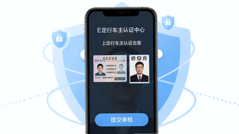 E定行车主认证中心界面,手机屏幕中央展示上传证件的示例图,含有身份证正反面和驾驶证照片,底部有“提交审核”按钮,背景为浅蓝色安全盾牌图标,体现合规安全