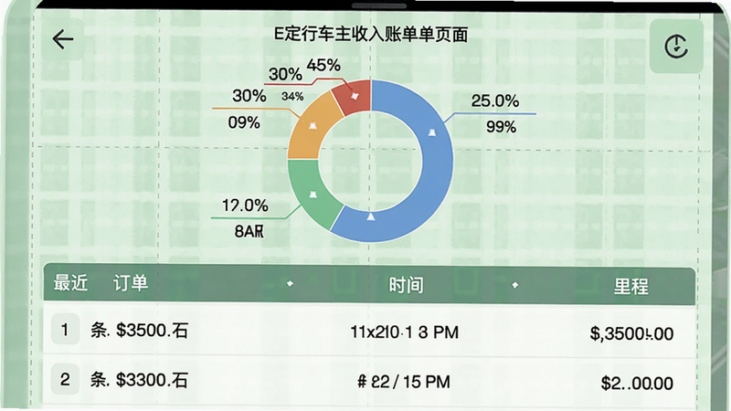 E定行车主收入账单页面,上方为环形统计图显示各类收入占比,下方列表展示最近几条订单的金额、时间、里程,背景为淡绿色网格,整体风格财务清晰,便于司机对账