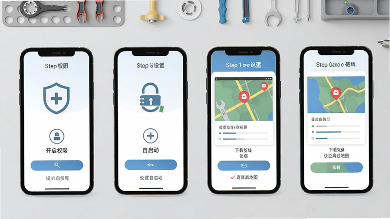 E定行车主手机端操作示意图,多部手机排列展示不同操作步骤,包括开启权限、设置自启动、下载离线地图等,画面风格为扁平化教程,背景为浅灰色工作台