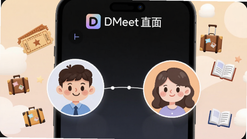 竖屏手机界面,上方有“DMeet 直面”软件的名称和logo,中间显示两个卡通人物头像之间连线,背景有电影票、旅行箱、书本等小图标漂浮,色调柔和,体现兴趣匹配的智能与趣味性,图片比例9:16。