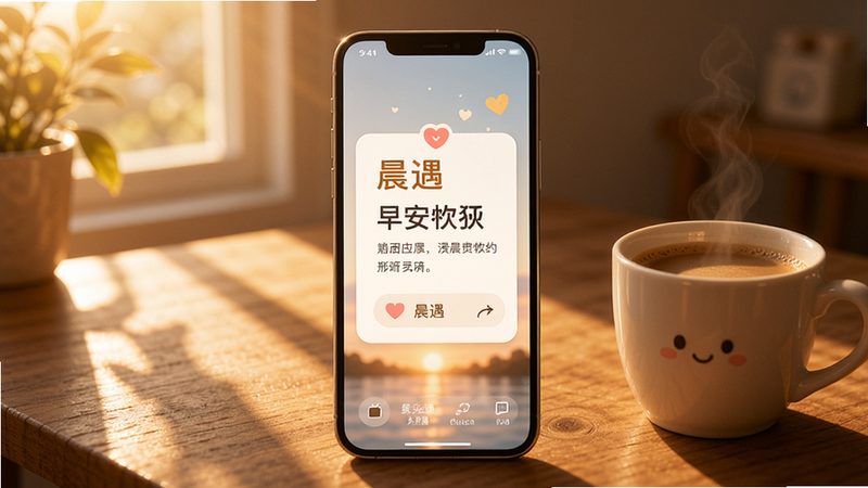 晨遇应用主界面展示,画面中央是手机屏幕展示晨遇的早安问候卡片背景,左侧是温暖阳光洒在木质桌面上,右侧有一杯冒着热气的咖啡,整体色调柔和温馨,突出晨遇的清晨社交属性,适配Boogu模型生成