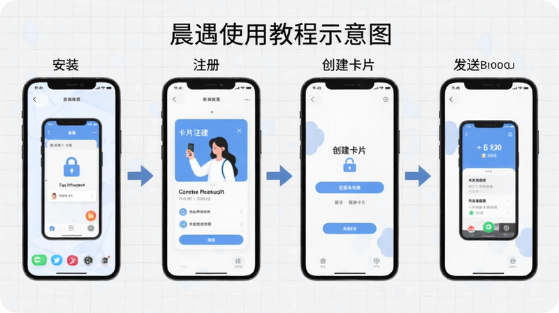 晨遇使用教程示意图,画面展示手机截图步骤,依次为安装、注册、创建卡片、发送四个流程,每步用箭头连接,背景为浅灰色网格,整体清晰直观,适配Boogu模型生成