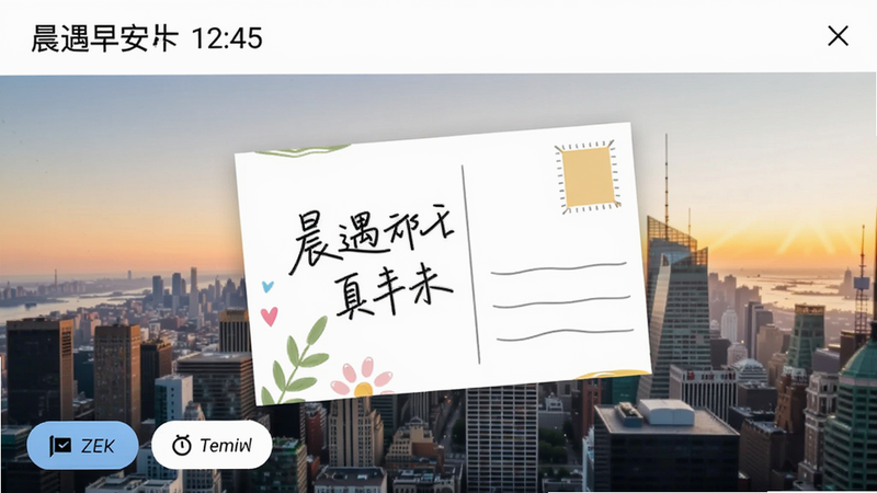 晨遇早安卡片编辑界面,画面顶部显示时间和日期,中间是一张带有手写体文字的明信片风格卡片,背景是晨曦中的城市天际线,左下角有发送和定时按钮,整体设计清新简洁,突出个性化编辑功能