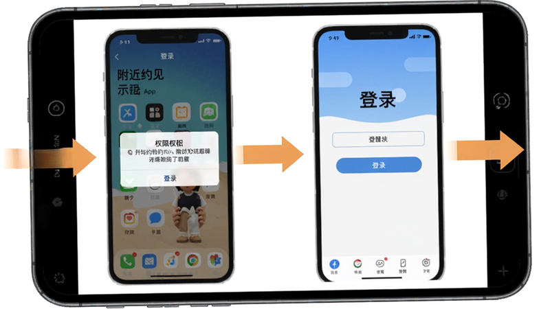 �ֻ���������ʾ��ͼ��չʾ��ģ���������и���Լ��App�Ĳ��裬����Ȩ�޵�������¼ҳ�棬�Ա��м�ͷ��ע�������ɾ����ʺϽ̳�˵����