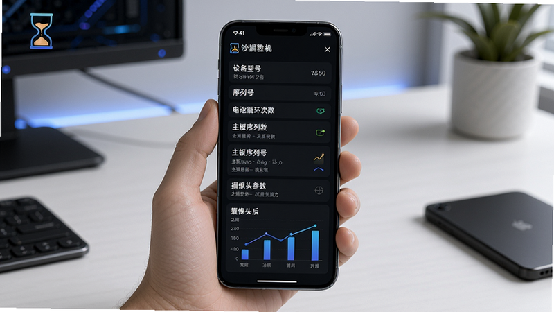 沙漏验机主界面展示一款智能手机屏幕上显示完整的验机报告,报告包含设备型号、序列号、电池循环次数、主板序列号、摄像头参数等详细硬件信息,界面采用深色主题,数据以列表和图表呈现,背景为简约桌面,整体科技感强,突出沙漏验机品牌标识。