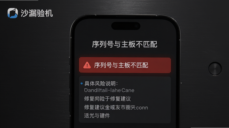 沙漏验机真伪鉴别功能界面,一台iPhone手机检测结果显示“序列号与主板不匹配”,红字警告区域突出显示,下方列出具体风险说明和修复建议,背景是暗色金属质感,软件Logo在左上角,整体氛围严肃专业。
