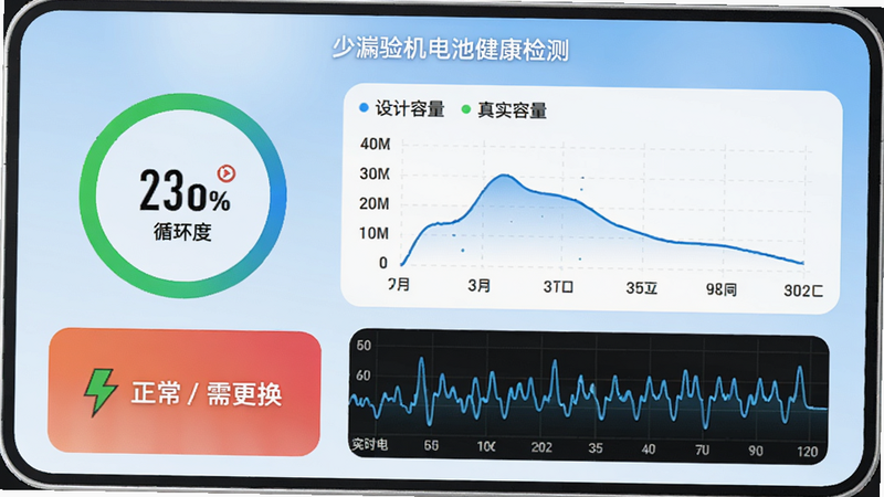 沙漏验机电池健康检测界面,显示电池健康度百分比、循环次数、设计容量与真实容量对比曲线图,下方有电池“正常/需更换”状态提示,旁边是充电电流实时波形,背景为淡蓝色渐变,风格清新。