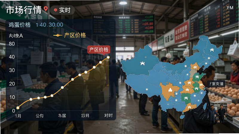 市场行情页面,显示鸡蛋价格曲线,地图上标注各产区价格,背景是交易市场,人群熙熙攘攘,突出实时性。