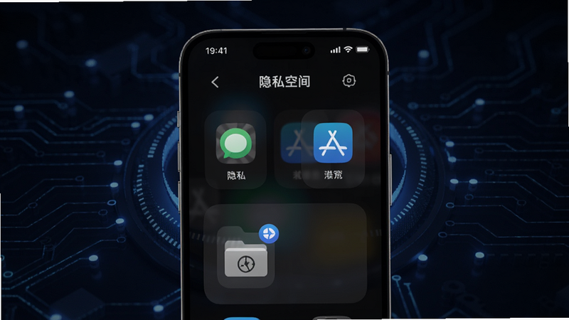 隐私空间核心功能预览图,画面中央显示手机屏幕上的隐私空间主界面,背景为深色科技感光效,手机屏幕内可见隐藏应用图标和加密文件夹,整体风格简洁现代,适合Boogu模型生成