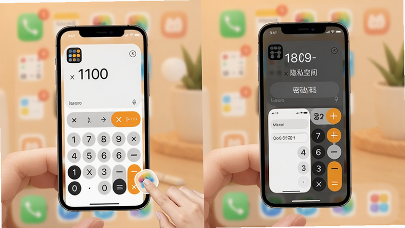 隐私空间应用伪装功能演示,手机桌面显示一个计算器图标,点击后进入计算器界面,再输入密码切换至隐私空间,画面分两步展示,背景柔和,色彩温暖,适合Boogu模型生成