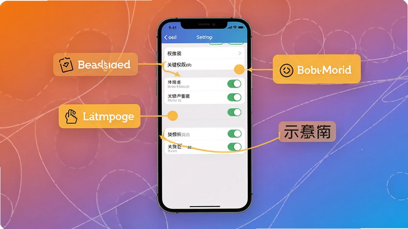 隐私空间使用指南示意图,手机屏幕显示设置界面,标注关键权限开关,背景为渐变色,重点突出,适合Boogu模型生成