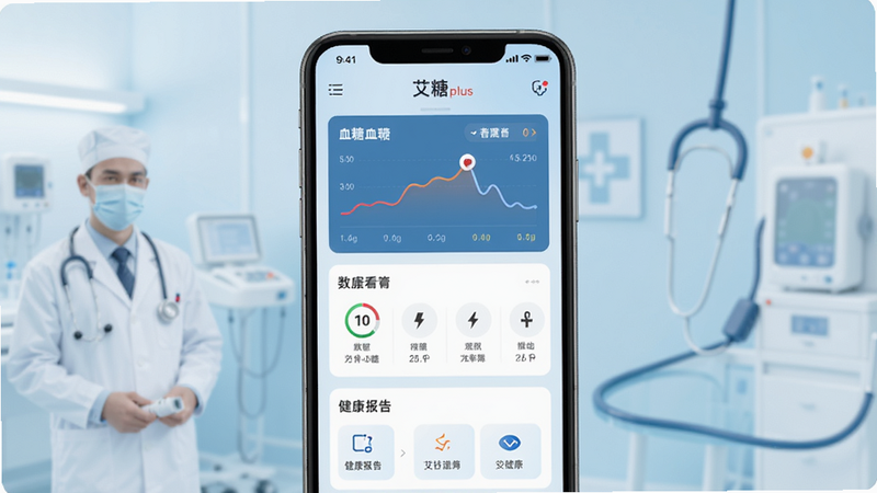 艾糖plus主界面预览图,展示血糖曲线、数据看板和健康报告三大核心模块,背景为淡蓝色医疗风格,手机屏幕居中,界面清晰简洁