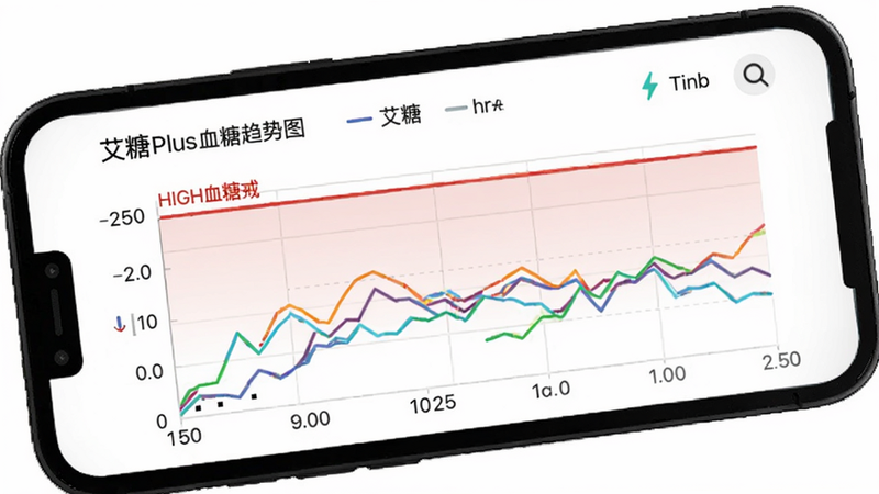 艾糖plus血糖趋势图界面,手机屏幕上显示彩色折线图,标注高低血糖警戒线,背景为白色,整体风格干净专业