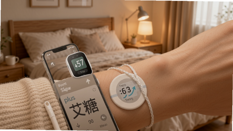 艾糖plus连接动态血糖仪示意图,手机靠近手臂上贴着的圆形传感器,屏幕显示实时血糖数值和趋势箭头,背景为温馨卧室场景