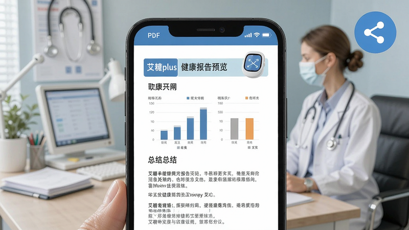 艾糖plus健康报告预览图,手机屏幕展示PDF样式报告,包含图表和总结文字,右上角有分享按钮,背景为医生办公室风格