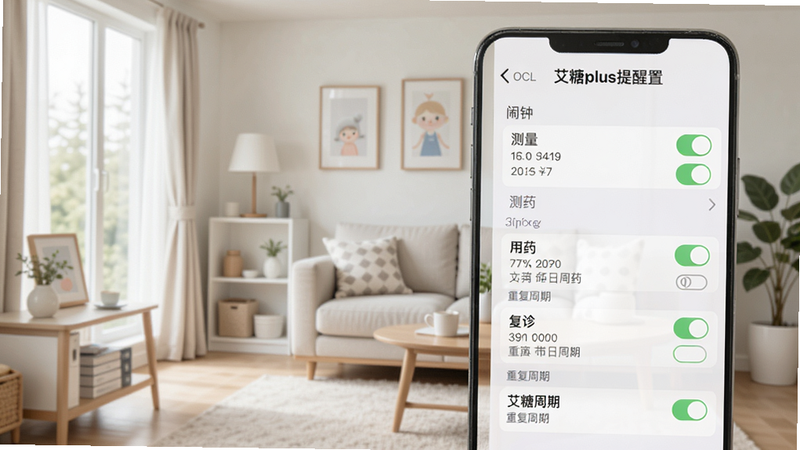 艾糖plus提醒设置界面,手机屏幕显示闹钟列表,有测量、用药、复诊等分类,每个提醒都有开关和重复周期选项,背景为简洁家居环境