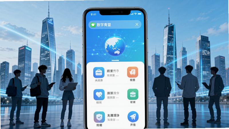 数字青盟app主界面预览,背景为现代化城市天际线与青年人物剪影,前景展示手机屏幕上的软件首页,包含功能图标和通知栏,色调清新明亮,突出科技感与活力。