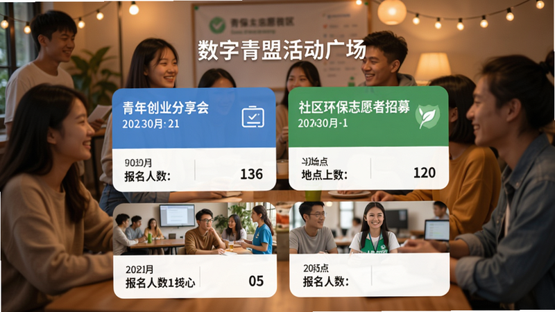 数字青盟活动广场页面,显示各类活动卡片,包括“青年创业分享会”、“社区环保志愿者招募”等,卡片上有日期、地点、报名人数,背景为色调温暖的青年聚会场景。
