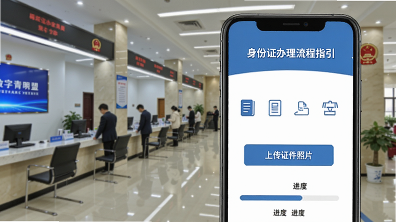 数字青盟政务办事界面截图,背景为办事大厅场景,手机屏幕上显示身份证办理流程指引,包含步骤条、上传证件照片按钮和进度条,色调为蓝色与白色,突出官方正式感。