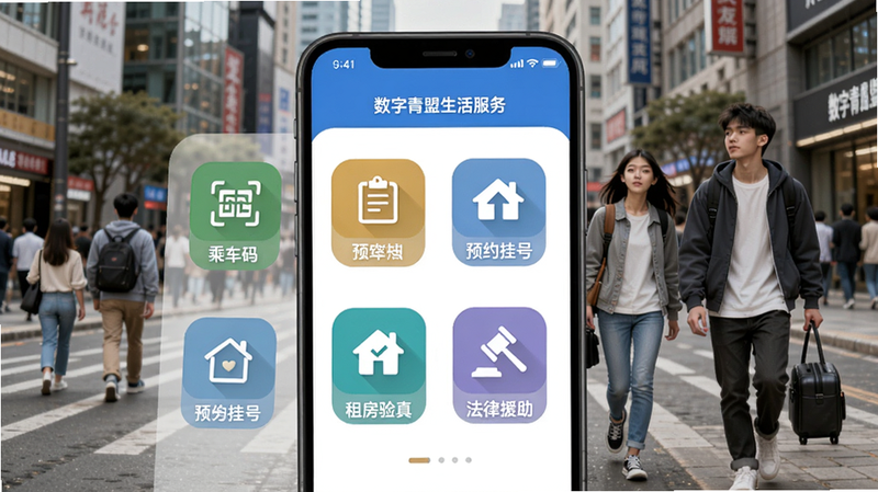 数字青盟生活服务界面,手机屏幕上显示多个功能图标,包括“乘车码”、“预约挂号”、“租房验真”、“法律援助”,背景为城市街景和年轻人出行场景。