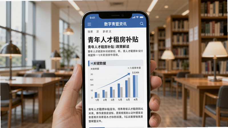 数字青盟资讯页面,手机屏幕上显示一篇关于“青年人才租房补贴”的政策解读文章,配有关键数据图表,背景为办公室或图书馆场景,色调柔和。