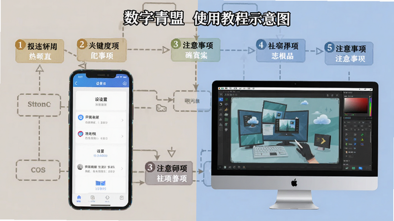 数字青盟使用教程示意图,画面分为两半,左边为手机屏幕显示设置界面,右边为电脑模拟器界面,背景为操作演示流程图,标注关键步骤和注意事项。