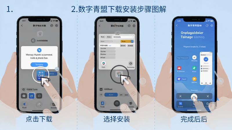 数字青盟下载安装步骤图解,画面分为三步:第一步点击下载链接,第二步选择安装,第三步完成安装后的主界面,背景为手机操作手势示意,色调简洁清晰。