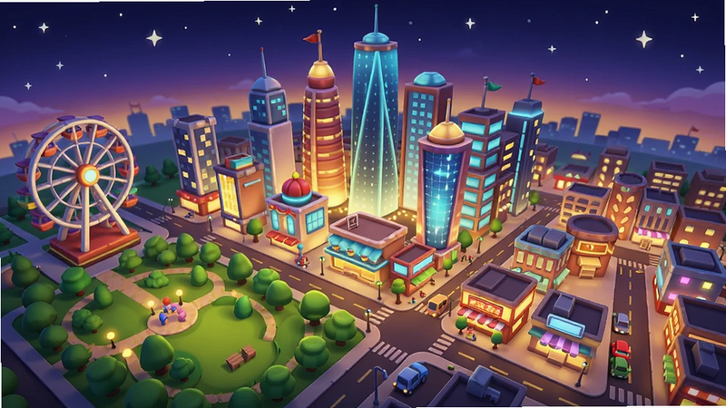 欢乐都市城市全景俯瞰图,画面中央是一座灯火辉煌的现代化都市,左侧有摩天轮和公园绿地,右侧是密集的商业街区,背景是星空夜幕,色彩明亮温暖,整体风格卡通清新,适合作为游戏宣传封面。