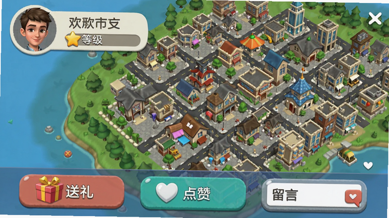 欢乐都市好友城市访问界面,画面左上方是玩家自己的头像和等级,右侧展示好友城市的鸟瞰图,下方有互动按钮如“送礼”、“点赞”和“留言”,风格社交化。