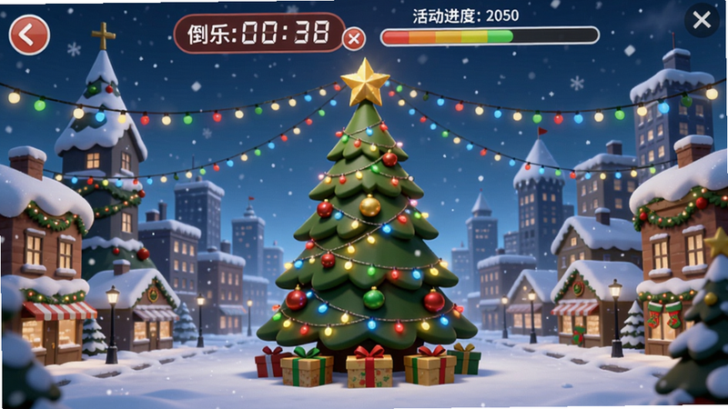 欢乐都市限时活动界面,背景是圣诞主题的雪景城市,中央有一个巨大的圣诞树装饰,四周悬挂彩灯,界面顶部显示倒计时和活动进度条,充满节日气氛。