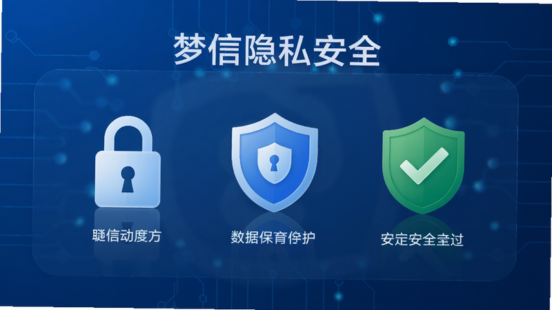 梦信隐私安全界面,显示加密锁图标、数据保护盾牌和绿色安全认证,背景科技蓝,简洁设计,强调安全可靠