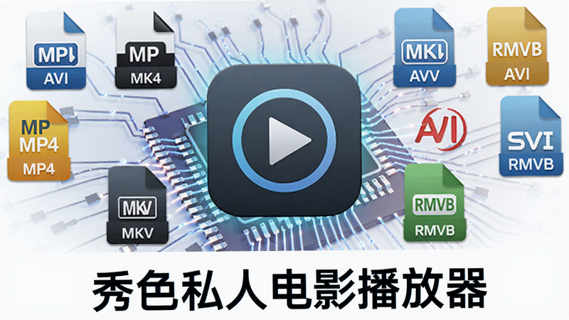 秀色私人电影播放器的格式支持示意图,画面中展示多种视频文件图标(MP4、MKV、AVI、RMVB等)围绕着播放器图标,背景为科技感电路板纹理,软件名称置于中心下方,色彩明亮清晰