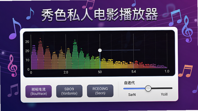秀色私人电影播放器的音效设置界面,屏幕中央显示均衡器频谱图,下方有多个预设模式按钮和自定义滑块,背景为渐变紫色,音符符号浮动,软件名称以艺术字体出现在顶部