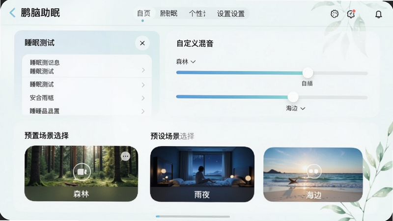 展示鹏脑助眠的个性化设置界面,包含睡眠测试问卷、自定义混音滑块以及预设场景选择(森林、雨夜、海边),界面清新淡雅。