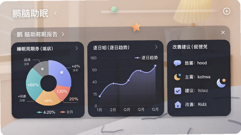 展示鹏脑助眠的睡眠报告图表,包含睡眠周期饼图、逐日趋势折线图以及改善建议列表,背景柔和。